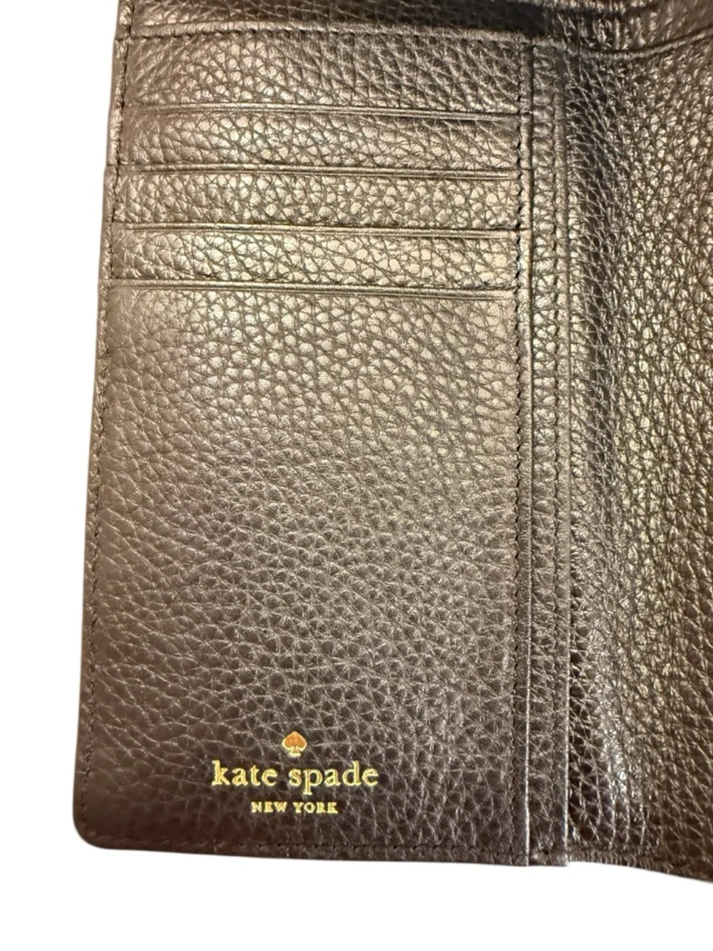 Kate Spade Black Pebbled Leather Tri Fold Wallet with Gold-Tone Logo Closure